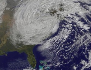 Satellite image of Superstorm Sandy as it approaches the Northeastern US.